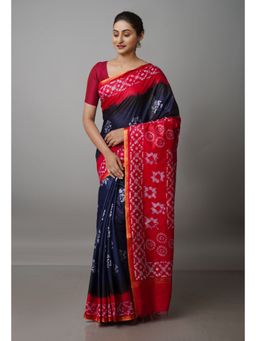 Unnati Silks - Navy Blue & Red Pure Batik Chanderi Silk Saree with Unstitched Blouse