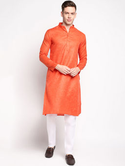 Devoiler - Men Self Design Dark Orange Cotton Kurta