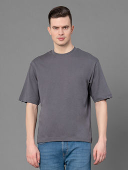 Red Tape - Men Stone Grey Poly Cotton Solid Round Neck T-Shirt