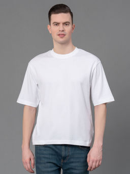 Red Tape - White Poly Cotton Solid Mens Oversized T-Shirt