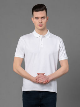 Red Tape - White Solid Cotton Mens Polo T-Shirt