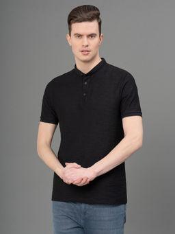 Red Tape - Mens Black Cotton Structured Henley Neck T-Shirt