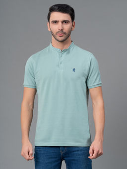 Red Tape - Light Blue Solid Cotton Henley Neck Mens Half Sleeve T-Shirt