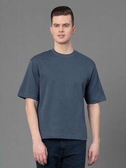 Red Tape - Stone Blue Solid Poly Cotton Mens Oversized T-Shirt