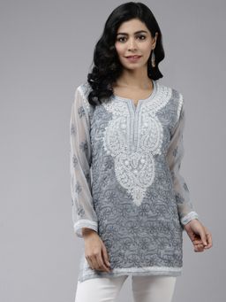 ADA - Embroidered Grey Georgette Lucknowi Chikankari Kurti With Slip (Set of 2)