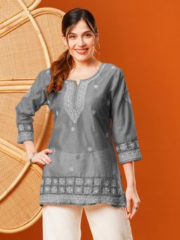 ADA - Embroidered Grey Chanderi Lucknowi Chikankari Kurti