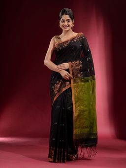 CHARUKRITI - Black with Zari Paisley Pattern and Contrast Pallu Saree with Unstitched Blouse