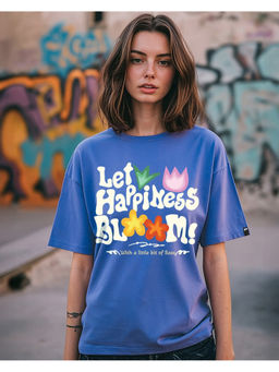 Bewakoof - Women's Blue Let Happiness Bloom Graphic Printed Oversized T-shirt