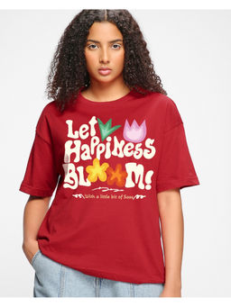Bewakoof - Women's Bold Red Let Happiness Bloom Graphic Printed Oversized T-shirt