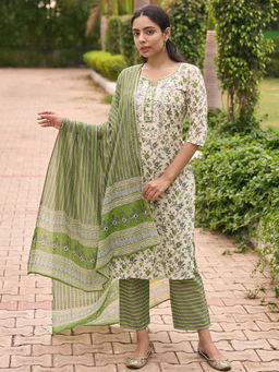 Libas - Womens Green Floral Kurta with Pant and Dupatta (Set of 3)
