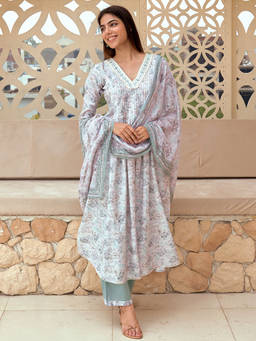 Libas - Womens Off White Floral Kurta with Palazzo and Dupatta (Set of 3)