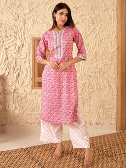 Libas - Women Peach Pure Cotton Floral Kurta with Palazzo (Set of 2)