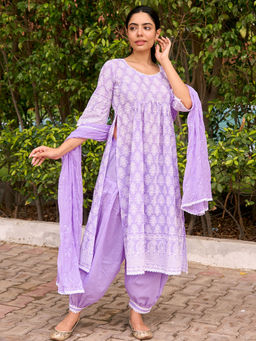 Libas - Women Lavender Pure Cotton Embroidered Kurta with Salwar and Dupatta (Set of 3)