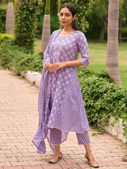 Libas - Womens Purple Printed Gota Kurta with Pant and Dupatta (Set of 3)