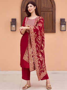 Libas - Women Maroon Silk Blend Embroidered Kurta with Pant and Dupatta (Set of 3)