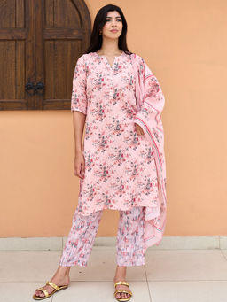 Libas - Women Peach Pure Cotton Floral Kurta with Pant and Dupatta (Set of 3)