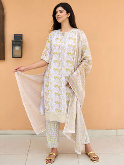 Libas - Women Yellow Cotton Blend Embroidered Kurta with Pant and Dupatta (Set of 3)