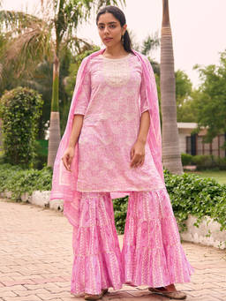 Libas - Women Pink Pure Cotton Floral Kurta with Sharara and Dupatta (Set of 3)