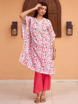 Libas - Womens Red Floral Embroidered Kaftan with Pant (Set of 2)