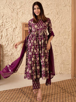 Libas - Women Wine Floral Angarkha Kurta with Pant and Dupatta (Set of 3)
