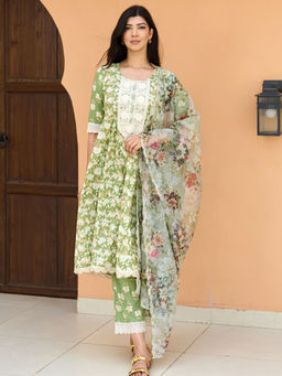 Libas - Women Green Floral Flared Kurta with Pant and Dupatta (Set of 3)