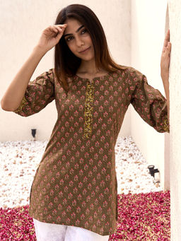 Libas - Women Pure Cotton Brown Floral Printed Kurti