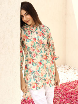 Libas - Women Silk Blend Cream Floral Printed Kurti