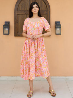 Libas - Peach Floral Printed Pleated Fit & Flared Maxi Dress