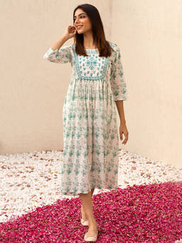 Libas - White Floral Printed A-Line Midi Dress