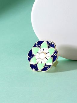 Zaveri Pearls - Green & Blue Meenakari Flower Kundan Finger Ring-ZPFK14428