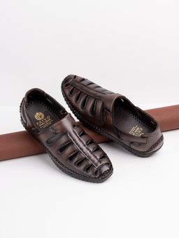 PRIVO - Mens Brown Solid Round Toe Casual Leather Sandals