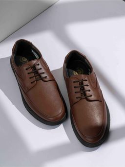 PRIVO - Mens Tan Solid Round Toe Formal Leather Lace Up Derbies