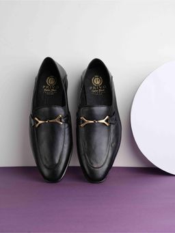 PRIVO - Mens Black Solid Round Toe Formal Leather Loafers