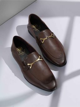 PRIVO - Mens Brown Solid Round Toe Formal Leather Loafers
