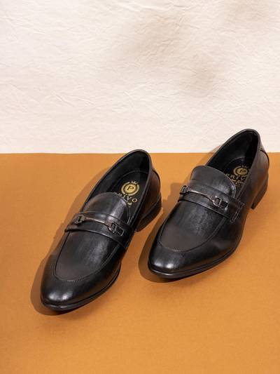 Mens Black Solid Round Toe Formal Leather Loafers