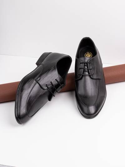 Mens Black Solid Round Toe Formal Leather Lace Up Derbies