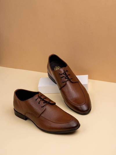 Mens Tan Solid Round Toe Formal Leather Lace Up Derbies
