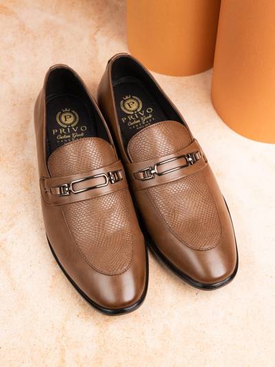 Mens Tan Solid Round Toe Formal Leather Loafers