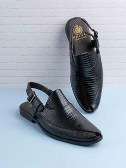 PRIVO - Mens Black Solid Round Toe Casual Leather Sandals