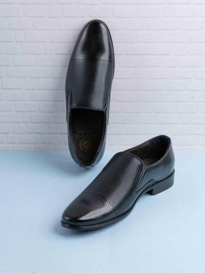 Mens Black Solid Round Toe Formal Leather Loafers
