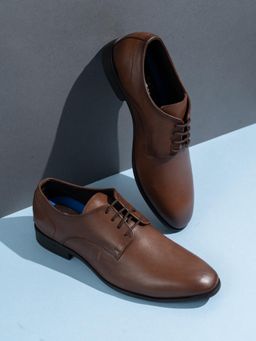 PRIVO - Mens Brown Solid Round Toe Formal Leather Lace Up Derbies
