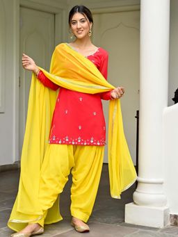 Lavanya The Label - Red and Yellow Kurta Patiala (Set of 3)