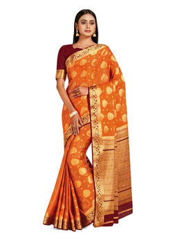 Mimosa - Orange Mysore Silk Style Crepe Saree With Unstitched Blouse
