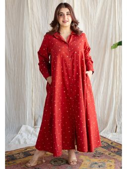 The Indian Ethnic Co. - Red Ajrakh A-Line Cotton Printed Shirt Collar Dress