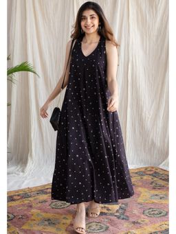 The Indian Ethnic Co. - Black Ajrakh A-Line Cotton Printed Sleeveless V-Neck Dress