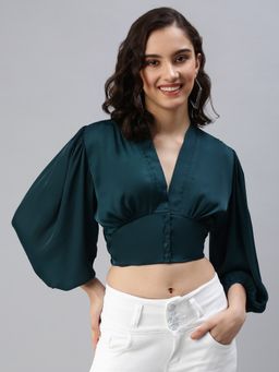 SHOWOFFFF - Women's V-neck Solid Green Crop Top