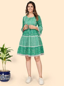 Vbuyz - Women Print & Lace Work Flared Cotton Turquoise Stitched Dress