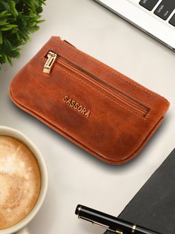 Sassora - Genuine Leather Zip Closure Tan Pouch (S)