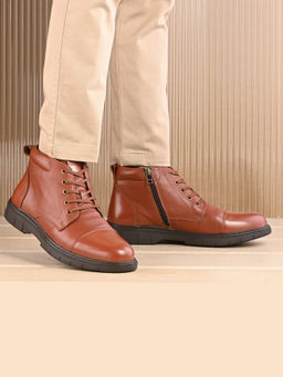 Valentino - Men Tan Premium Leather Police Lace-Up Ankle Boots with Side Zipper