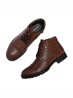 Valentino - Men Tan Premium Leather Side Zipper and Lace-Up Ankle Boot